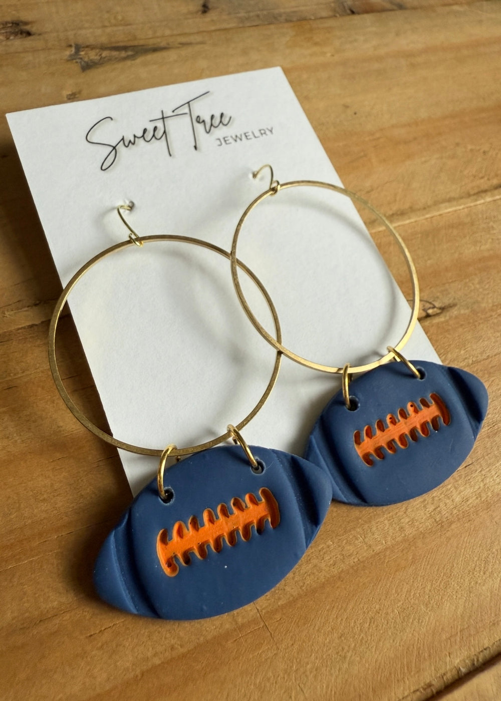Navy Blue and orange Football Gold Hoop Earrings