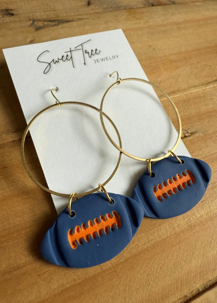 Navy Blue and orange Football Gold Hoop Earrings