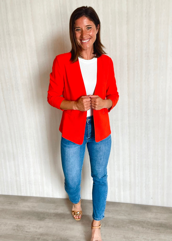 Skies Are Blue Coral Red Collarless Blazer