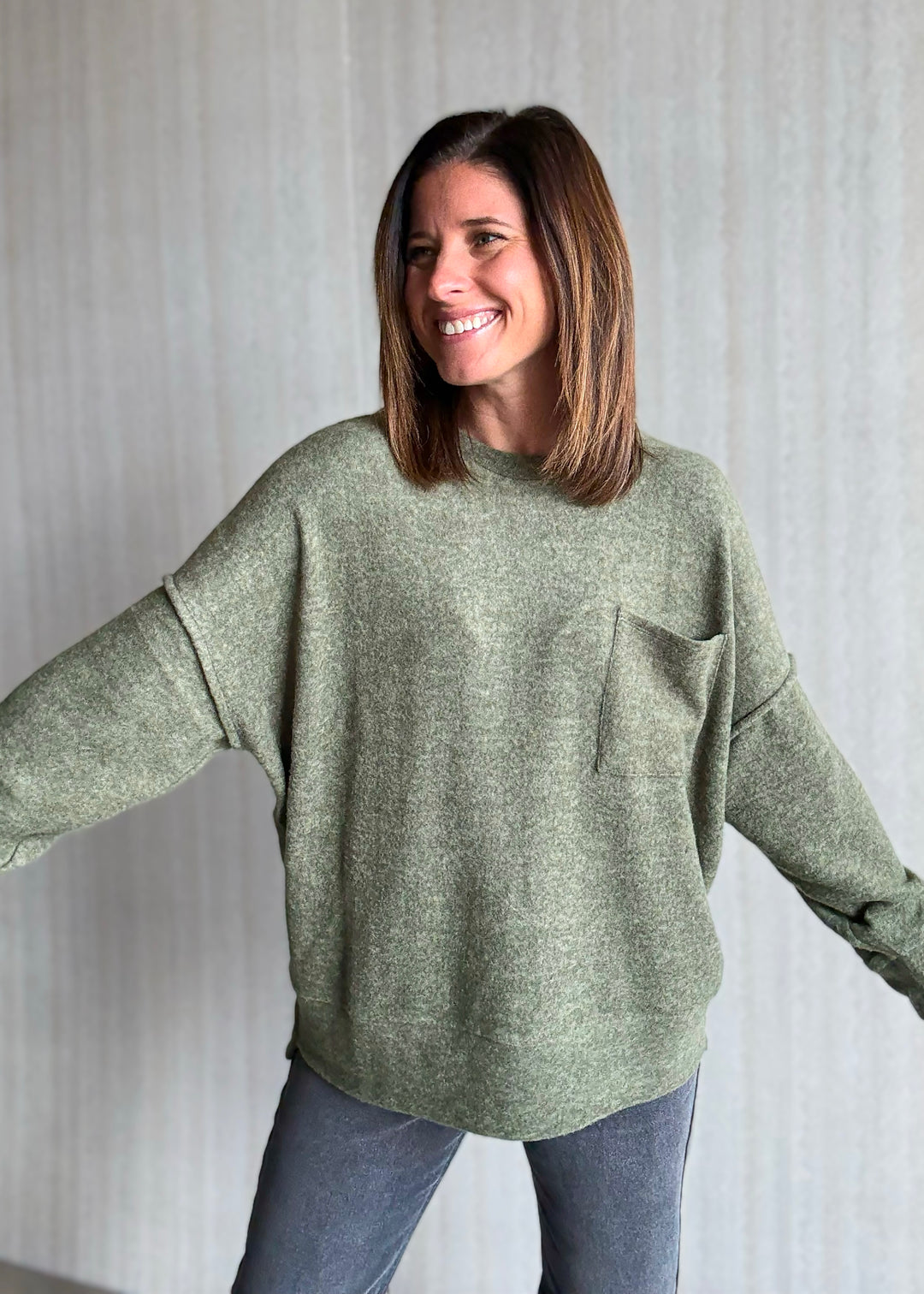 Women's cozy olive green Brushed Melange Drop Shoulder Top 