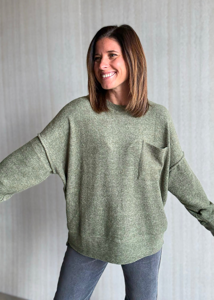 Women's cozy olive green Brushed Melange Drop Shoulder Top 