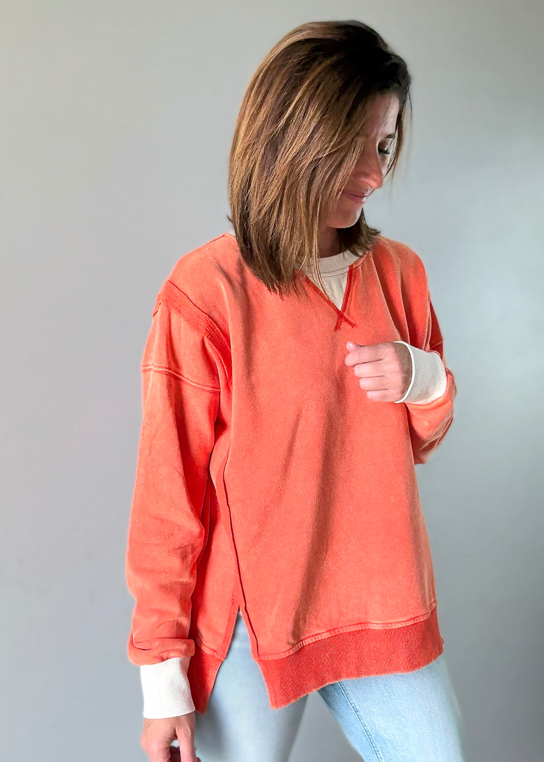 Women's Orange Color Block Pullover | Comfy Sweatshirts