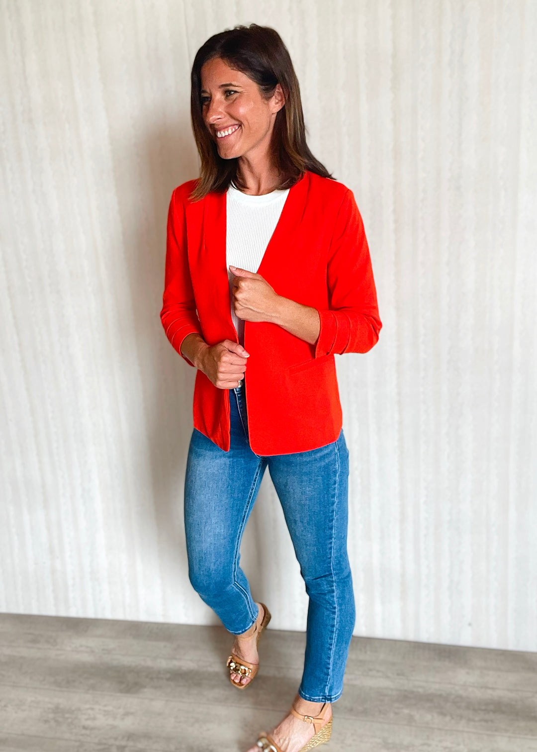 Skies Are Blue Coral Red Collarless Blazer