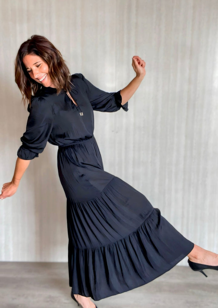 Classic Black Tiered Maxi Dress with three quarter sleeve | Black Special Event Dress