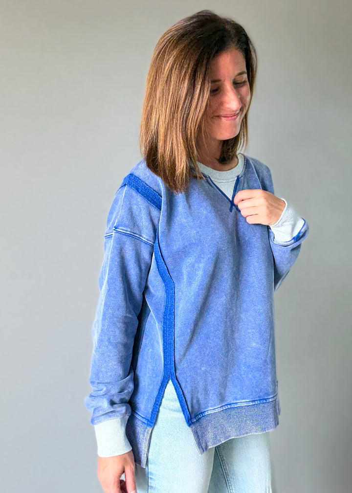 Women's Blue Color Block Pullover | Comfy Sweatshirt