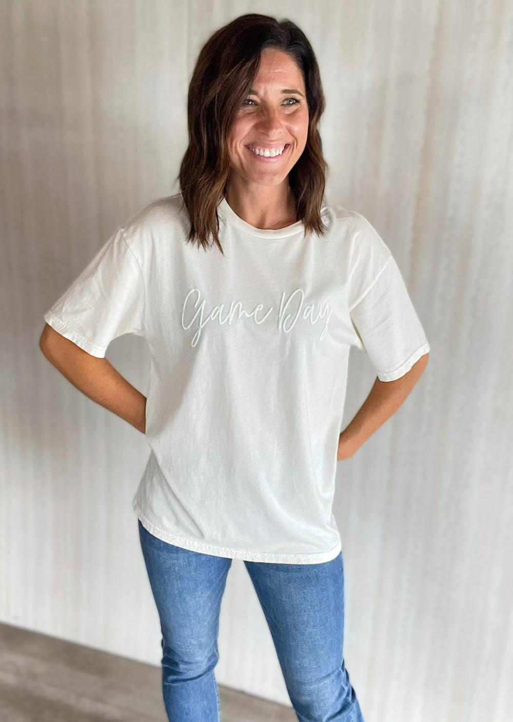 Cream Game Day T-Shirt with Puff Lettering