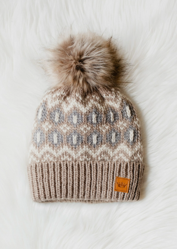 Taupe, Beige and Gray Patterned Pom Hat