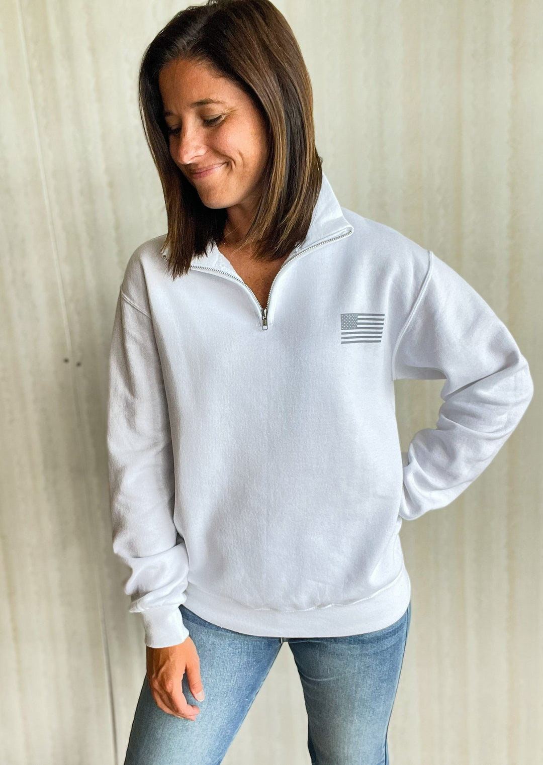 White 1/4 Mock Quarter Zip Sweatshirt with Gray American flag and "Land of the Free, United States of America, EST 1776" text. 