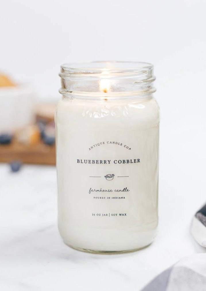 Blueberry Cobbler 16 oz Farmhouse Mason Jar Soy Wax Candle  | Antique Candle Co., hand poured in Indiana