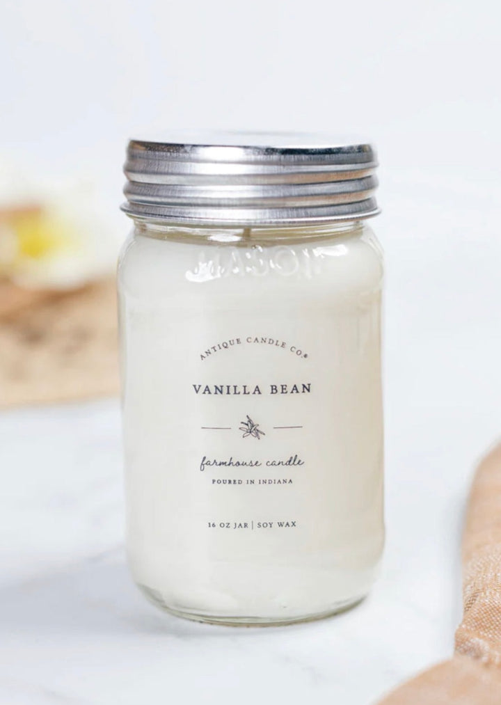 Vanilla Bean 16 oz Farmhouse Mason Jar Soy Wax Candle | Antique Candle Co., hand poured in Indiana