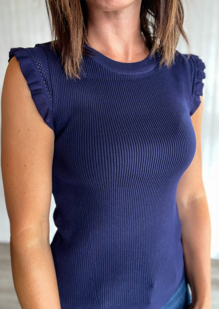 Skies Are Blue Navy Ruffle Sleeve Knit Tank Top | Navy Blue Sweater Tank Top