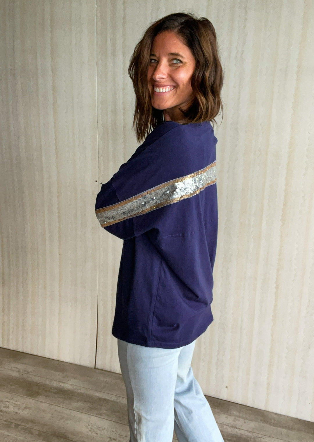 Illinois Sequin Navy Long Sleeve Top | Champaign-Urbana Boutique with Women's clothing for game days