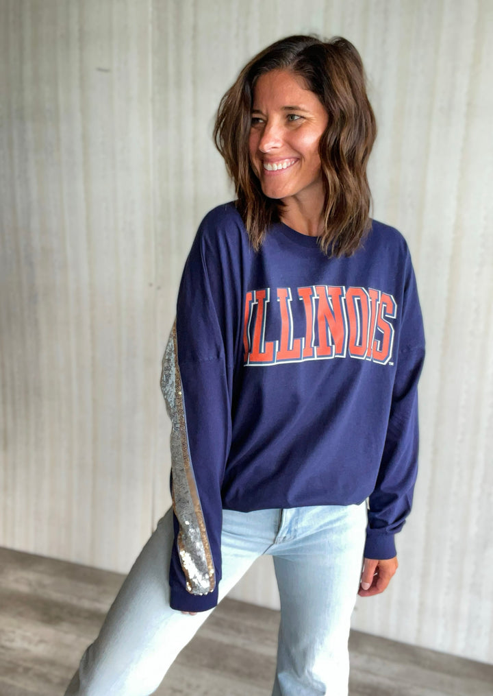 Illinois Sequin Navy Long Sleeve Top | Champaign-Urbana Boutique with Women's clothing for game days