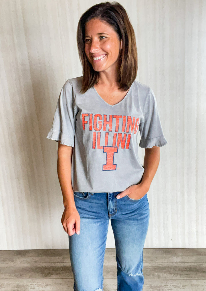 Gray Fighting Illini Ruffle Sleeve V-Neck T-Shirt | Champaign-Urbana Boutique Game Day Apparel