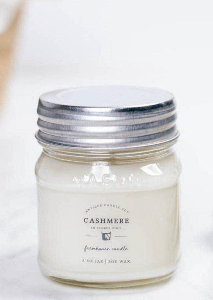 Cashmere 8 oz Farmhouse Mason Jar Soy Wax Candle  | Antique Candle Co., hand poured in Indiana