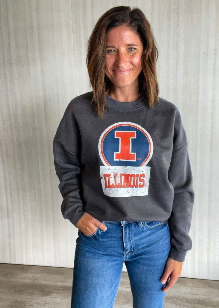 Gray Illinois Crew Sweatshirt |Game Day Couture | Champaign-Urbana Women's Game Day Clothing Boutique