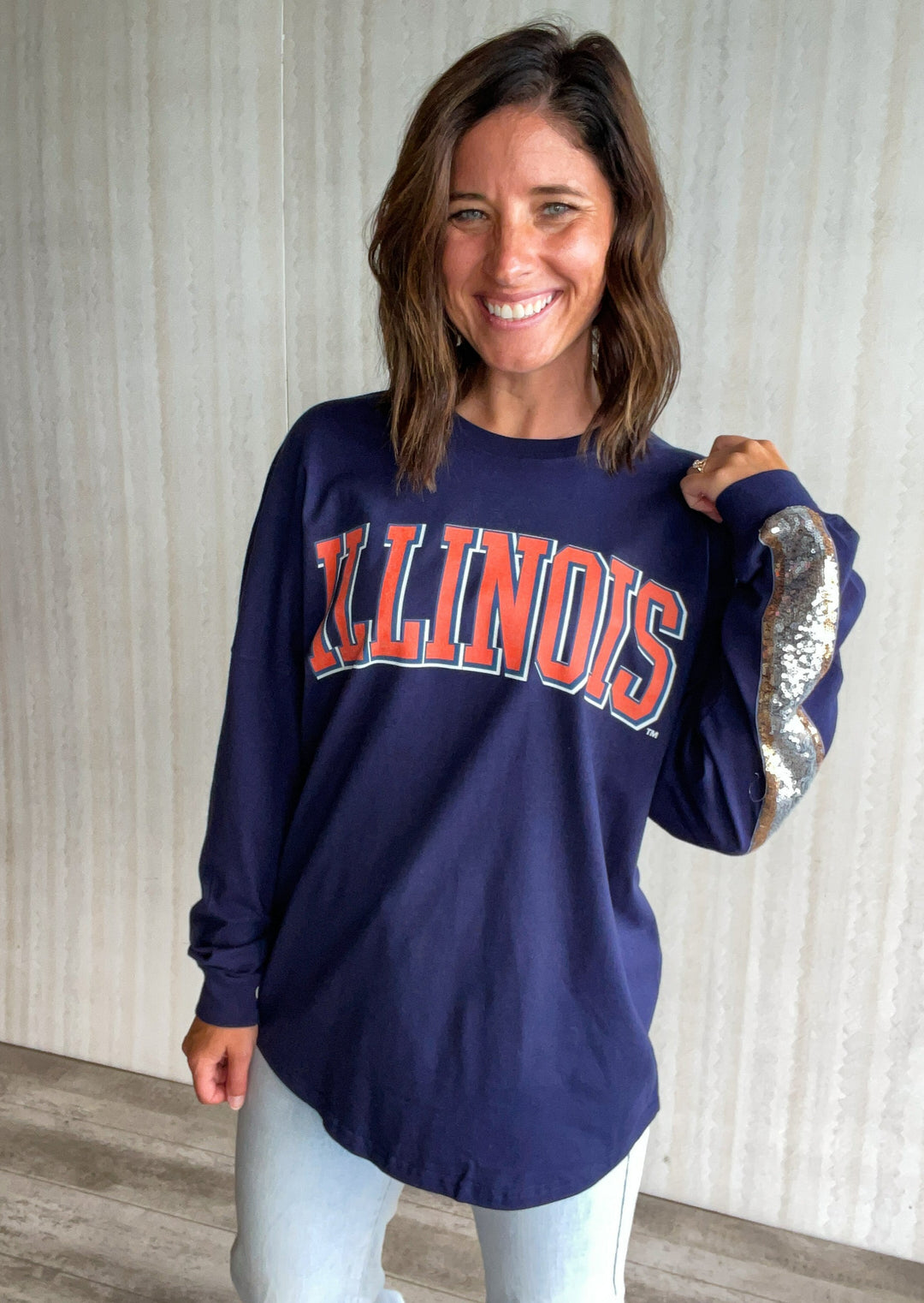 Illinois Sequin Navy Long Sleeve Top | Champaign-Urbana Boutique with Women's clothing for game days