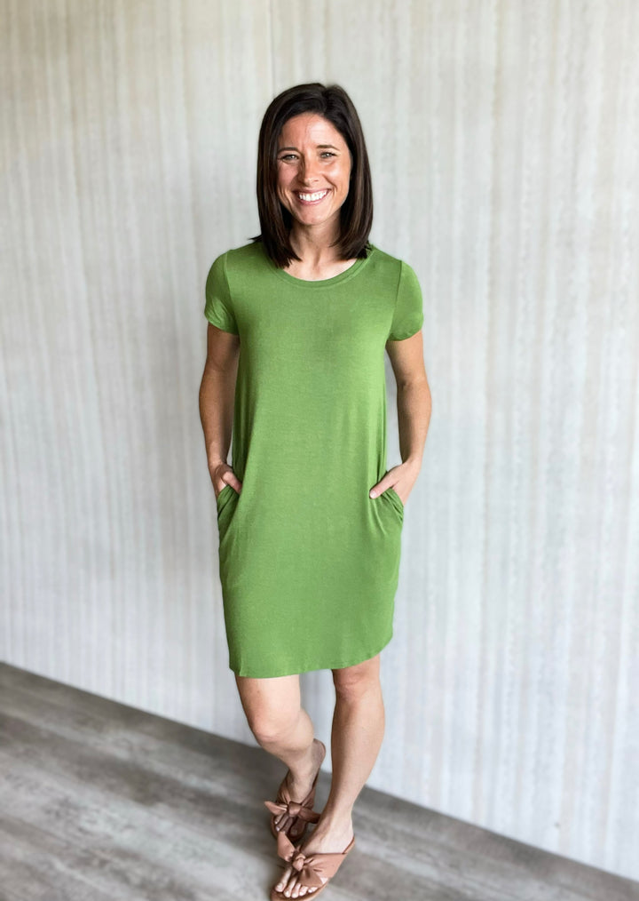 Olive Green Comfy T-Shirt Dress with Pockets