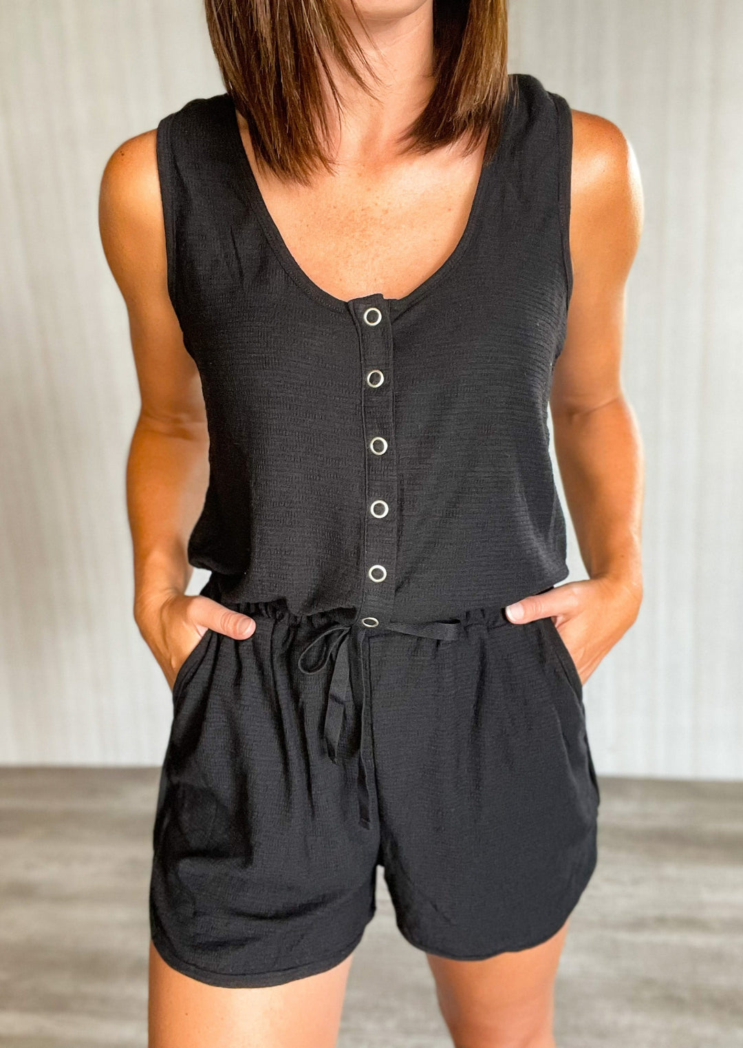 Black Tank Top Romper with Snap Buttons and Drawstring