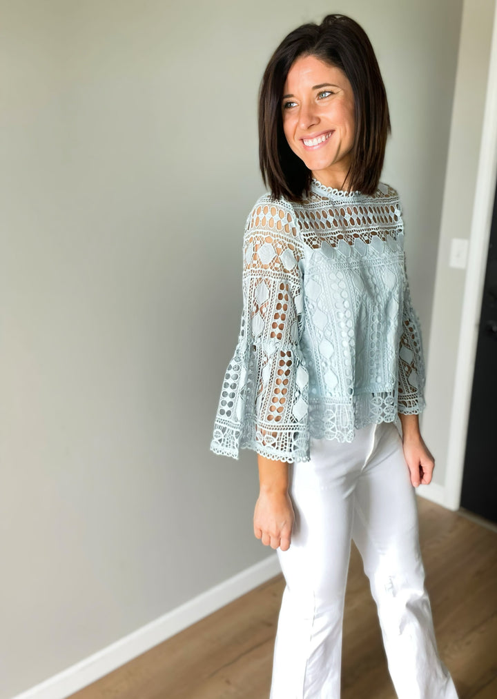 Baby Blue Lace Sleeve Top with Bell Sleeves and White Pants