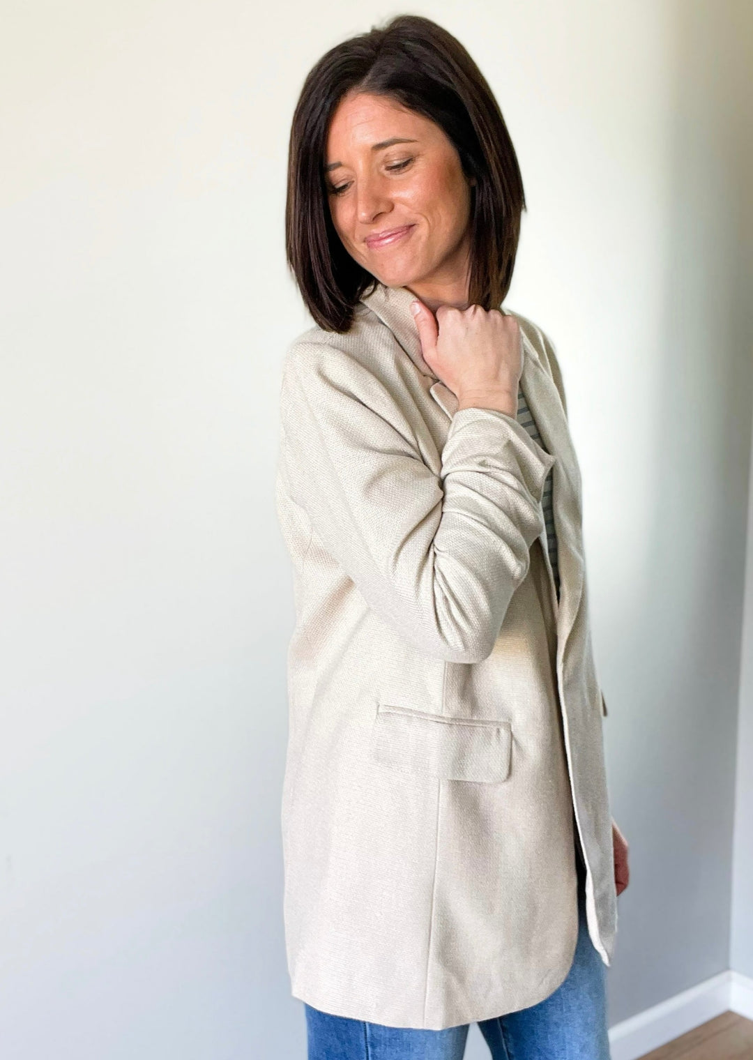 Taupe Gathered Sleeve Blazer | Women's Cute Spring Blazer worn with jeans for casual look