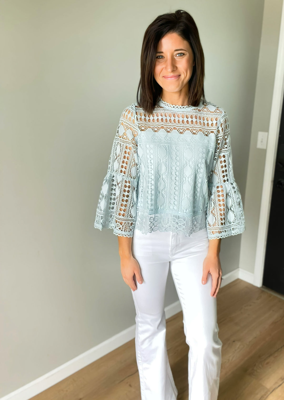 Baby Blue Lace Sleeve Top with Bell Sleeves and White Pants