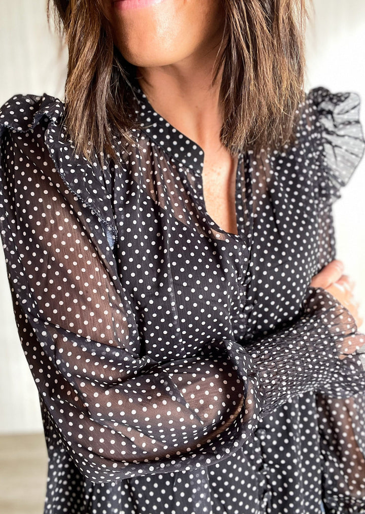 Black and White Polkadot Dress Blouse with black dress pants | Classy Outfits for Work