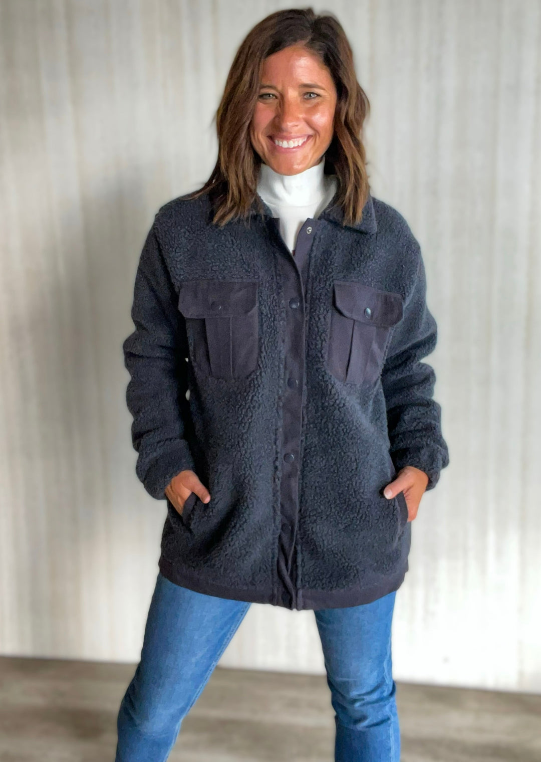 Navy Sherpa Snap-On Jacket | Women's Navy Fall Jacket