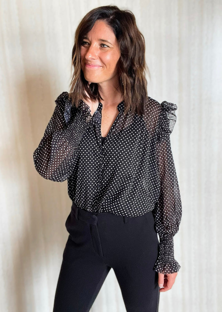 Black and White Polkadot Dress Blouse with black dress pants | Classy Outfits for Work