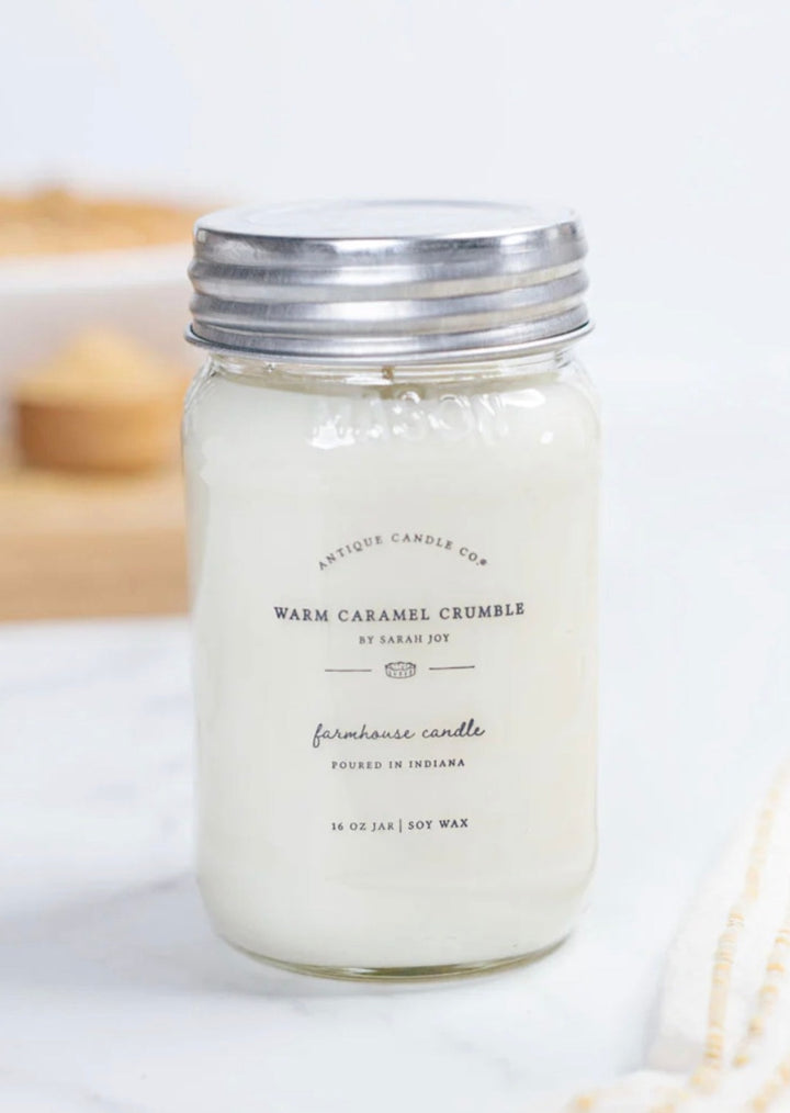 Warm Caramel Crumble 16 oz Farmhouse Mason Jar Soy Wax Candle by Sarah Joy | Antique Candle Co., hand poured in Indiana