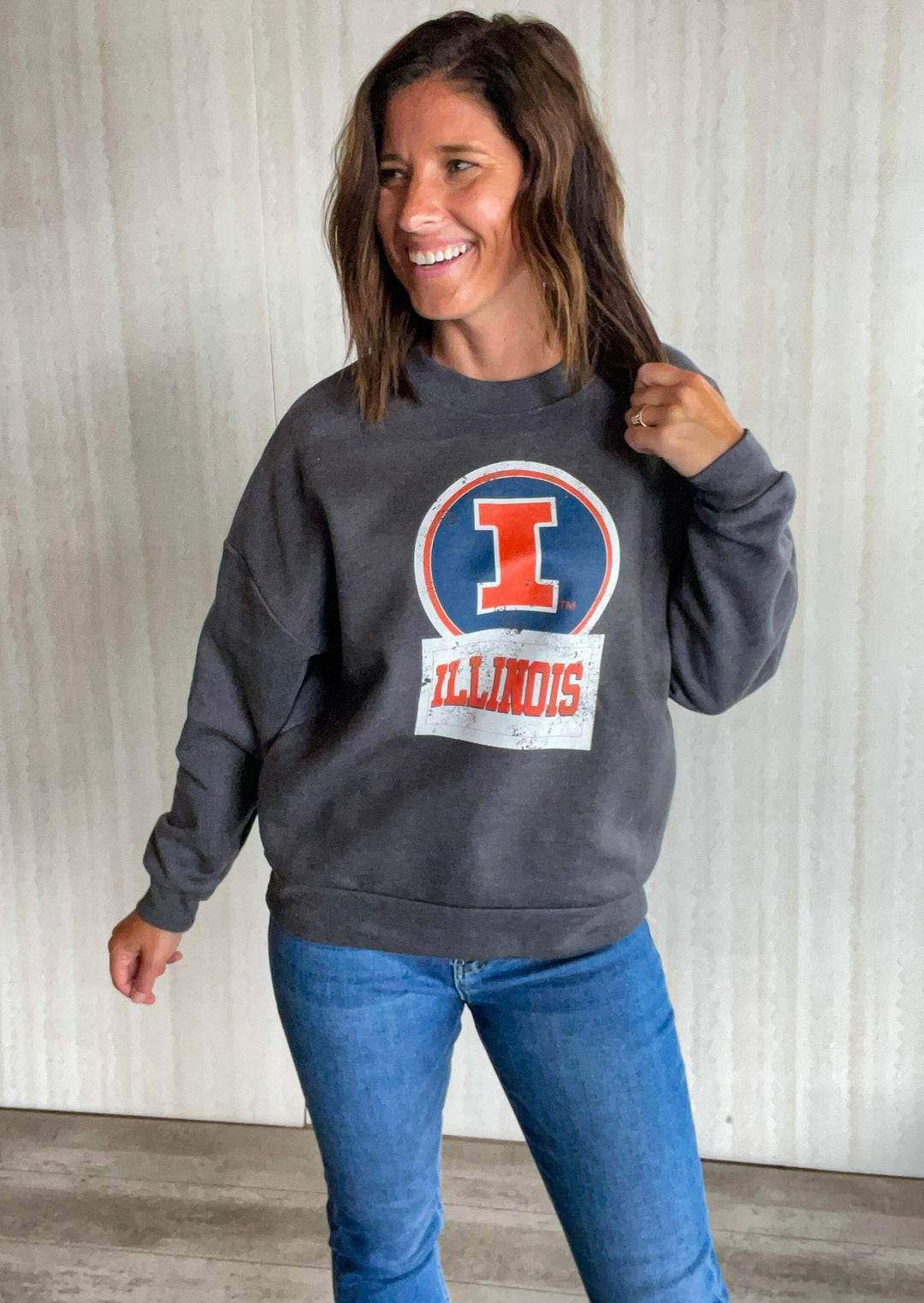 Gray Illinois Crew Sweatshirt |Game Day Couture | Champaign-Urbana Women's Game Day Clothing Boutique