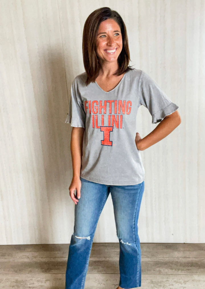Gray Fighting Illini Ruffle Sleeve V-Neck T-Shirt | Champaign-Urbana Boutique Game Day Apparel