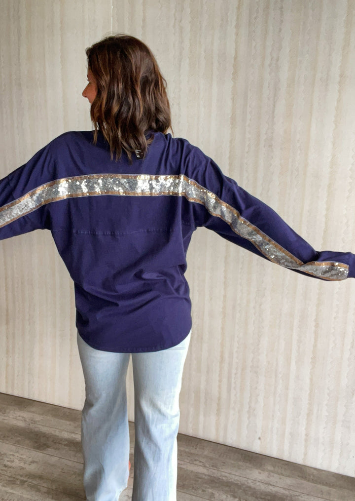 Illinois Sequin Navy Long Sleeve Top | Champaign-Urbana Boutique with Women's clothing for game days