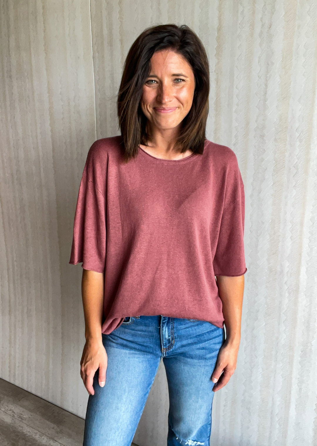 Light Maroon Crew-Neck light weight short sleeved summer sweater