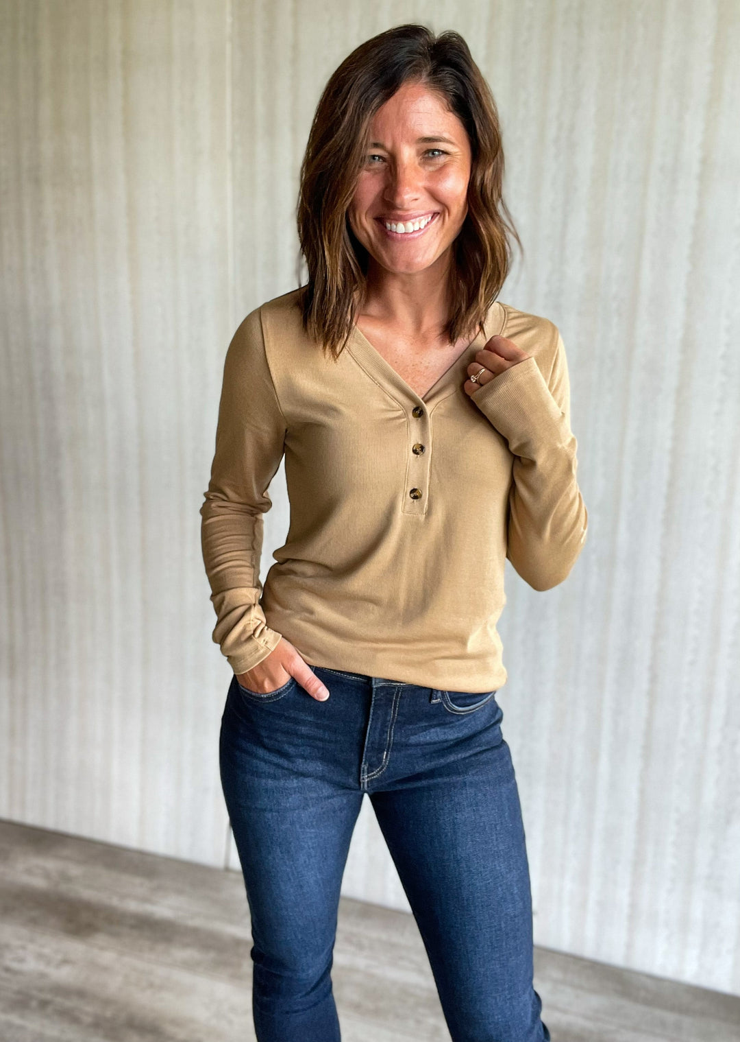Tan Henley | Thread & Supply sold at Embolden Boutique in Central Illinois