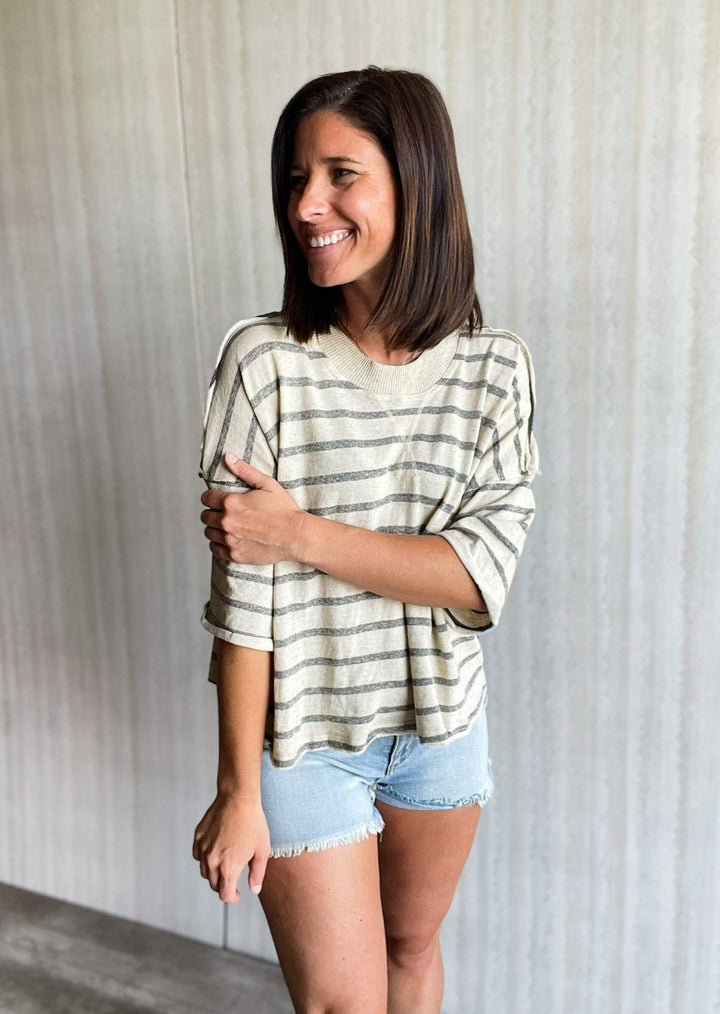 Casual Striped Top | Black and Oatmeal vintage colored striped top