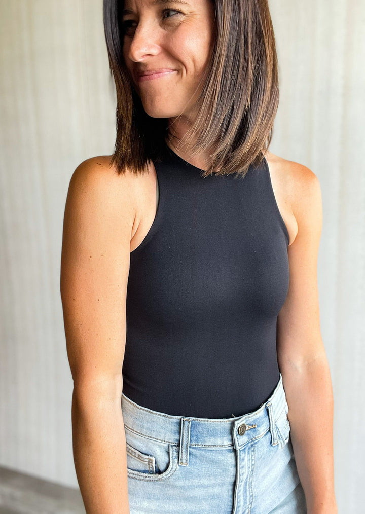 Smooth Black Bodysuit with racerback tank top.