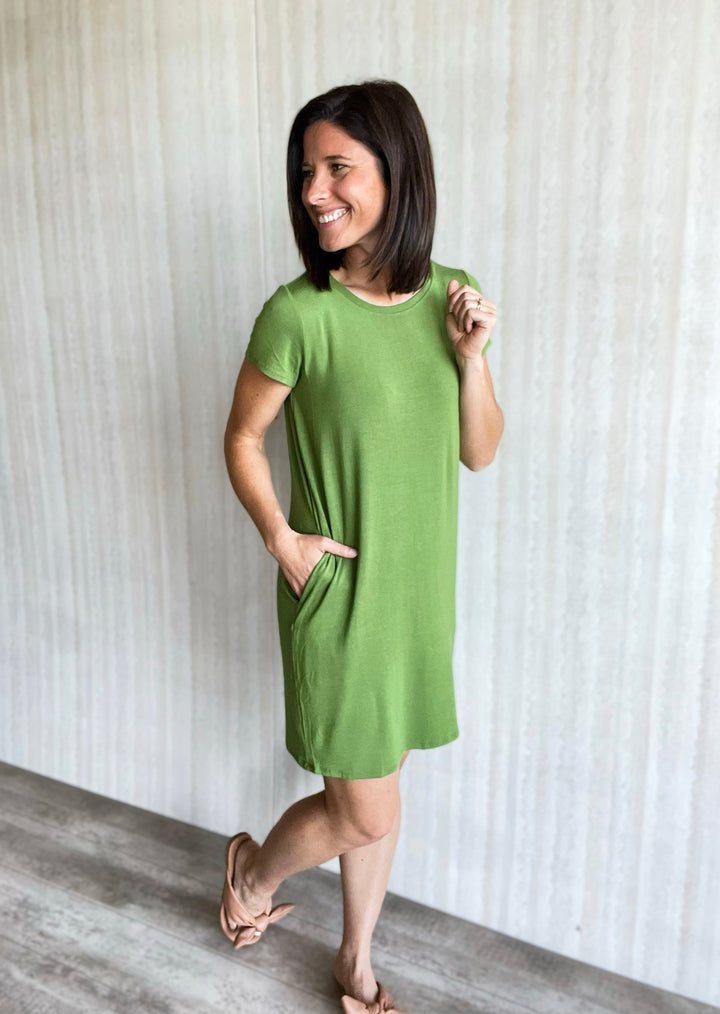 Olive Green Comfy T-Shirt Dress with Pockets