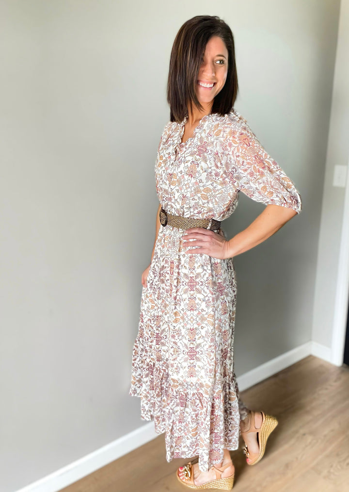 Cream Paisley Tiered Maxi Dress with removable belt