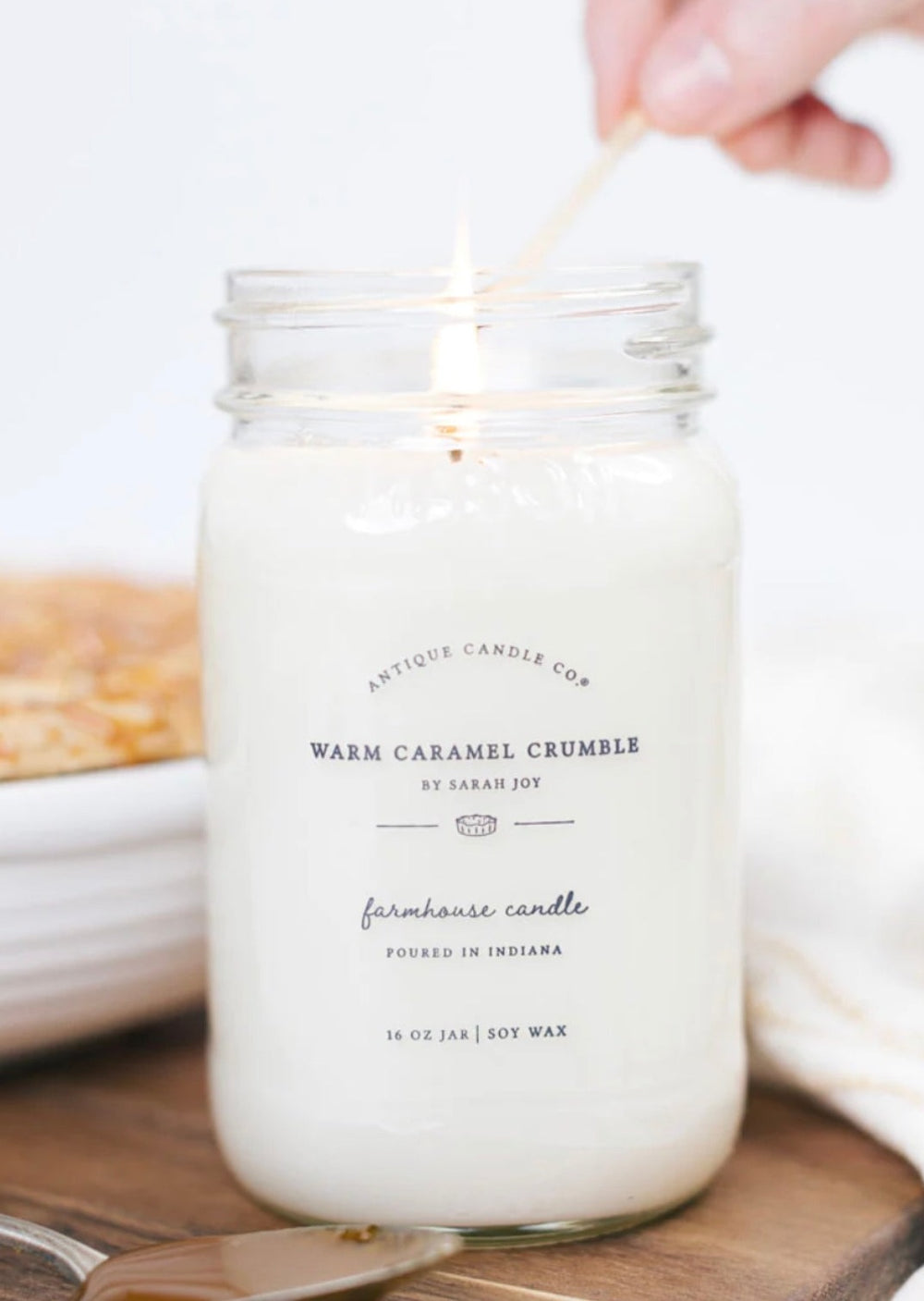 Warm Caramel Crumble 16 oz Farmhouse Mason Jar Soy Wax Candle by Sarah Joy | Antique Candle Co., hand poured in Indiana
