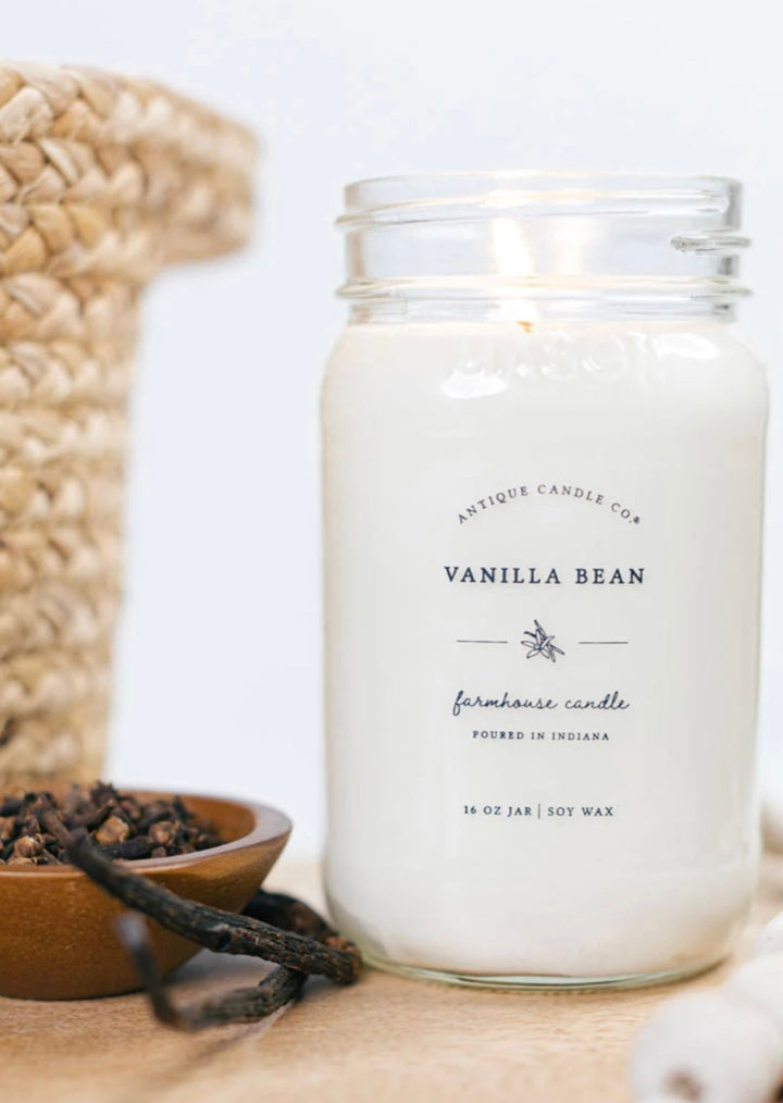 Vanilla Bean 16 oz Farmhouse Mason Jar Soy Wax Candle | Antique Candle Co., hand poured in Indiana