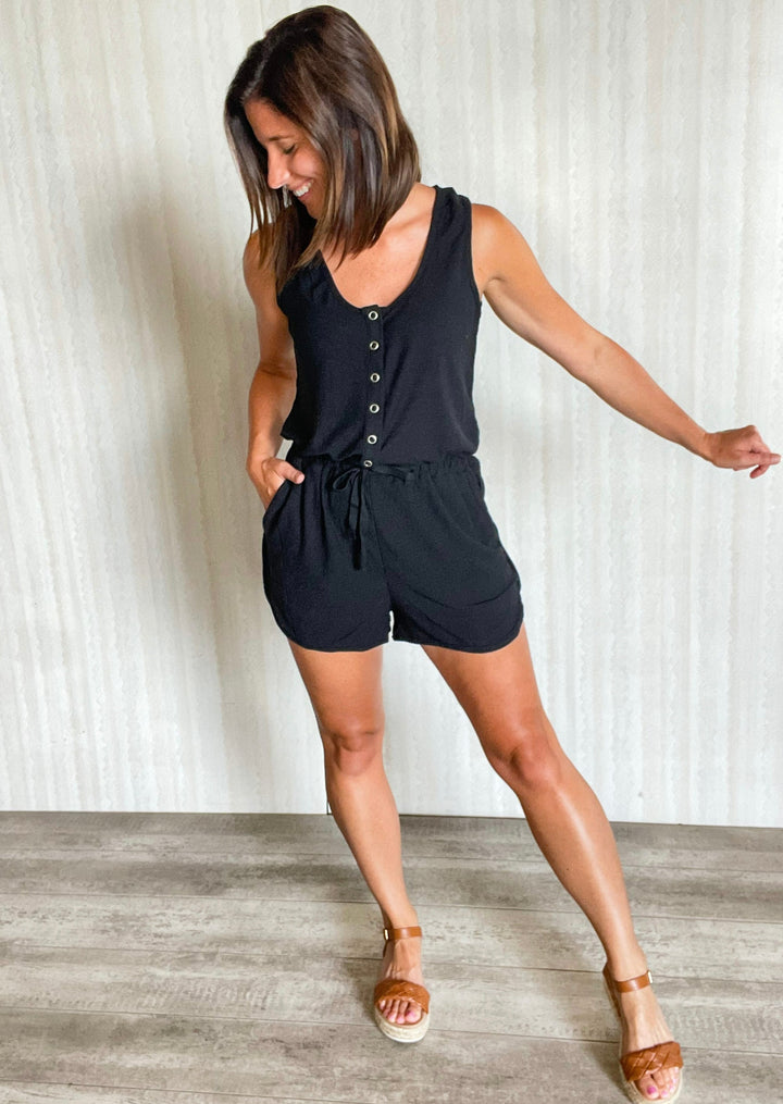 Black Tank Top Romper with Snap Buttons and Drawstring