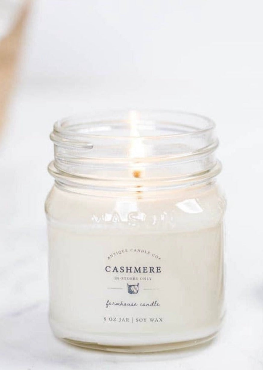 Cashmere 8 oz Farmhouse Mason Jar Soy Wax Candle  | Antique Candle Co., hand poured in Indiana