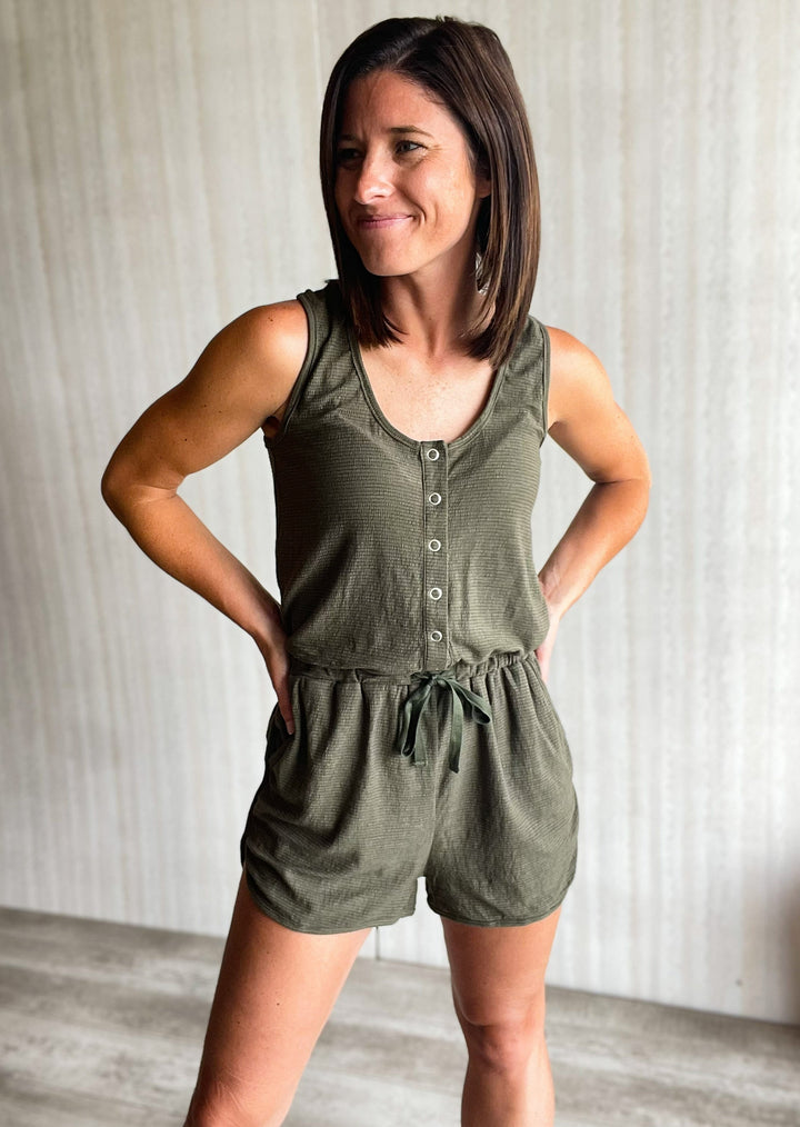 Olive Green Tank Top Romper with snap buttons