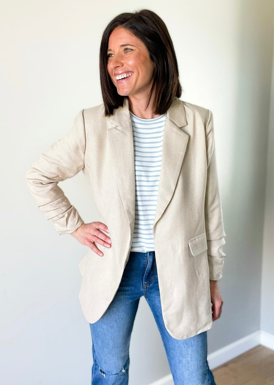 Taupe Gathered Sleeve Blazer | Women's Cute Spring Blazer worn with jeans for casual look