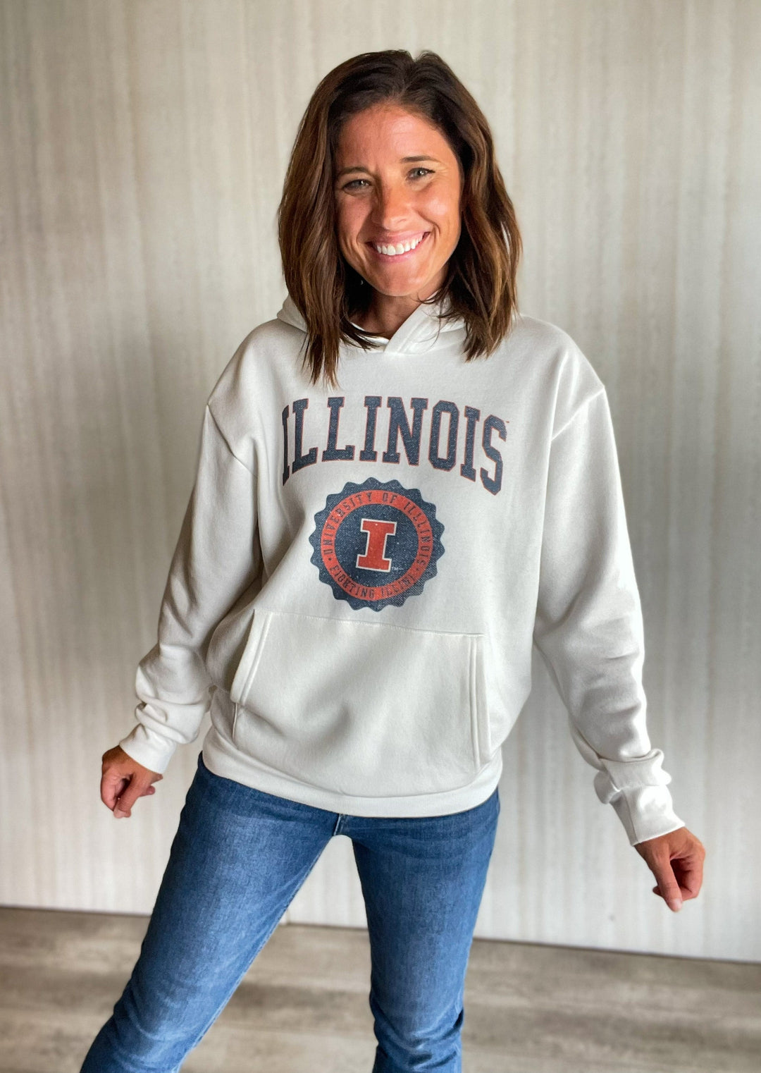 White Illinois Emblem Hoodie Sweatshirt | Central Illinois Women's Game Day Clothing Boutique