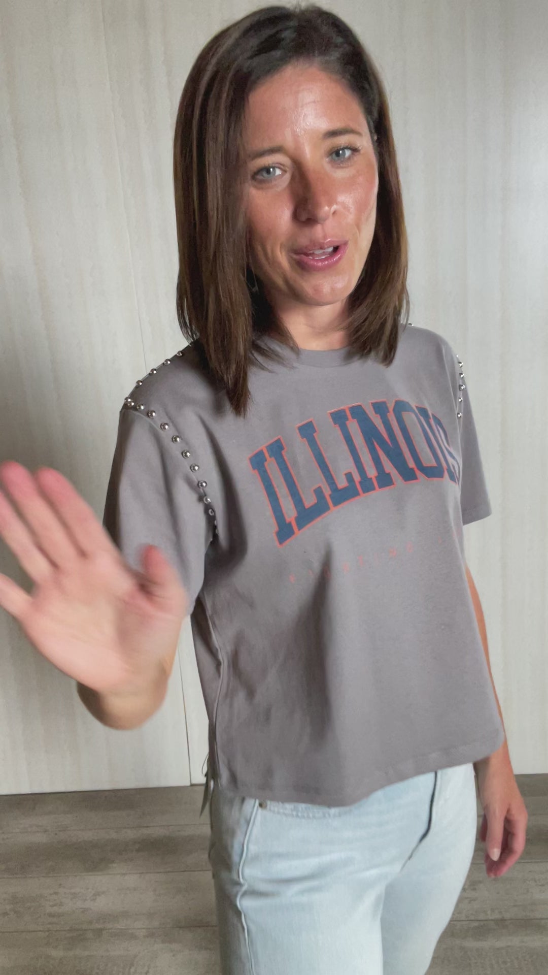 Gray Illinois Cropped Tee with Stud Silver Stud Detail | Champaign-Urbana Women's fanwear game day clothing boutique