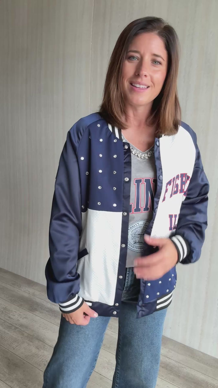 Women's University of Illinois Jacket with Sparkles | Vintage Bomber Style | Cute Game Day Illinois Outfits
