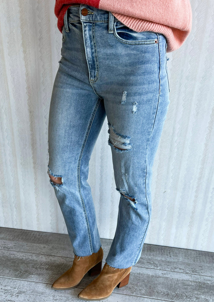 High Rise Straight Jeans with Rips