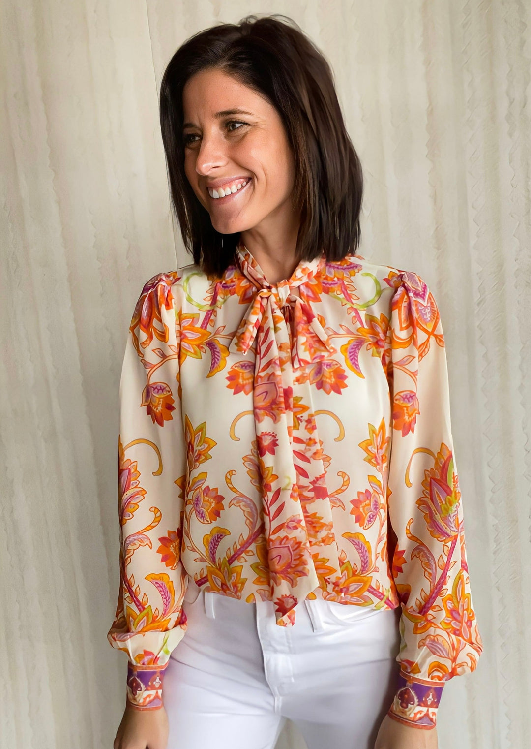 Long Sleeve Printed Blouse with tie in front. Ivory printed dress blouse.